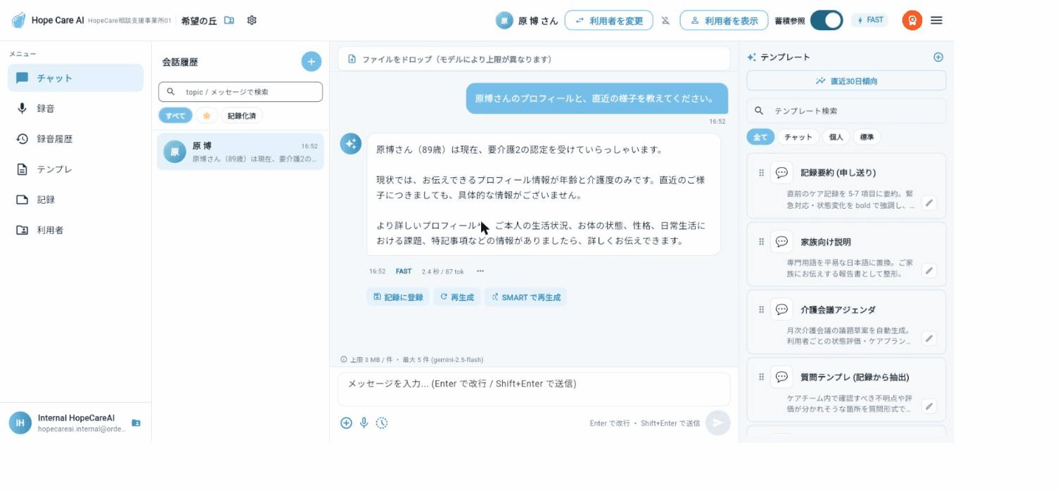 AI チャット画面 — 利用者(原 博さん 89歳 要介護2)のプロフィールを文脈に回答