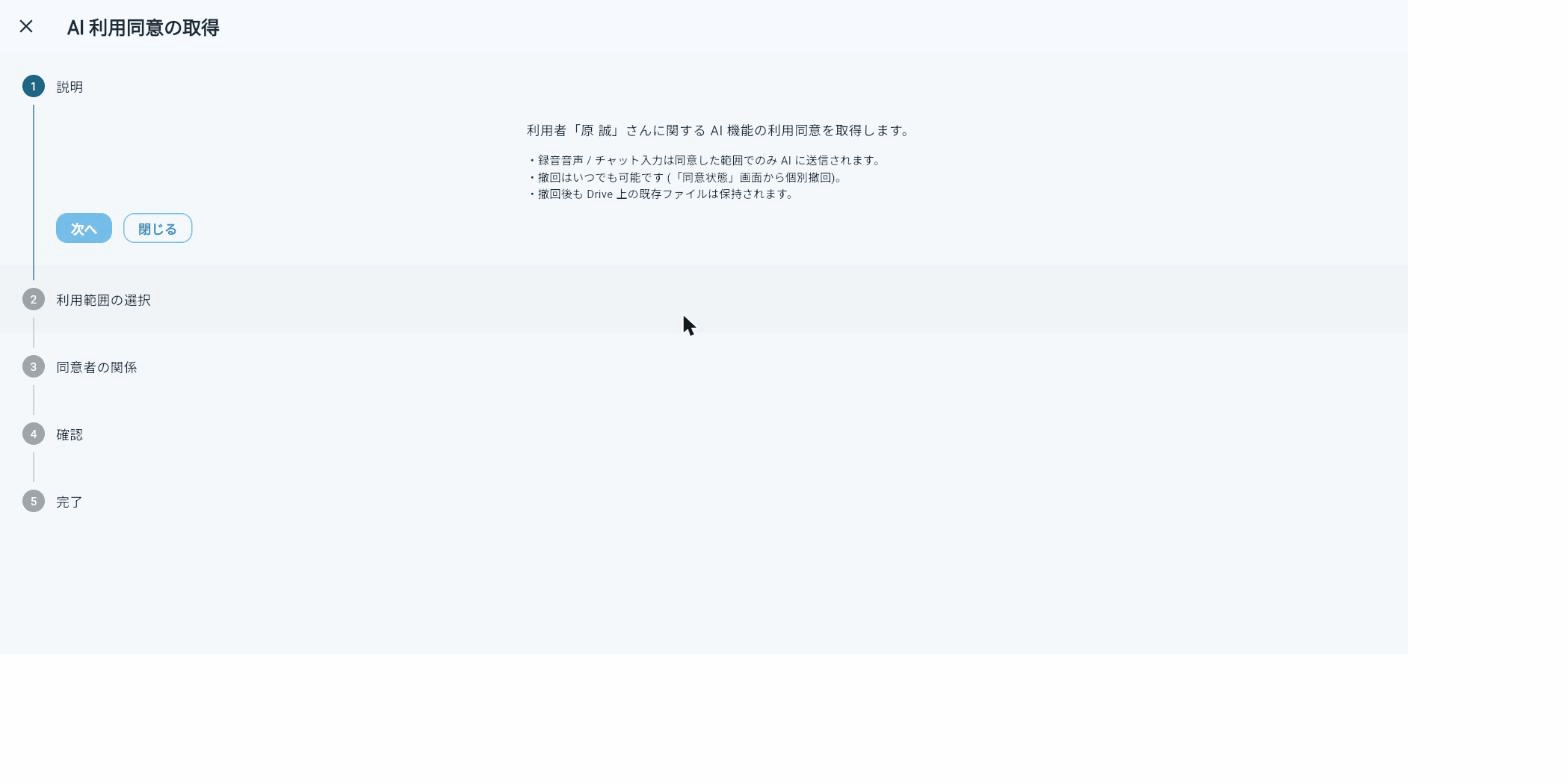 AI 利用同意の取得 — 5 ステップフロー (説明 → 利用範囲 → 同意者の関係 → 確認 → 完了)